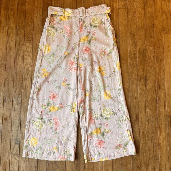 Laura Ashley Pants - Laura Ashley Floral Wide Leg Pants Womens‎ M Belted Linen Blend Modern READ